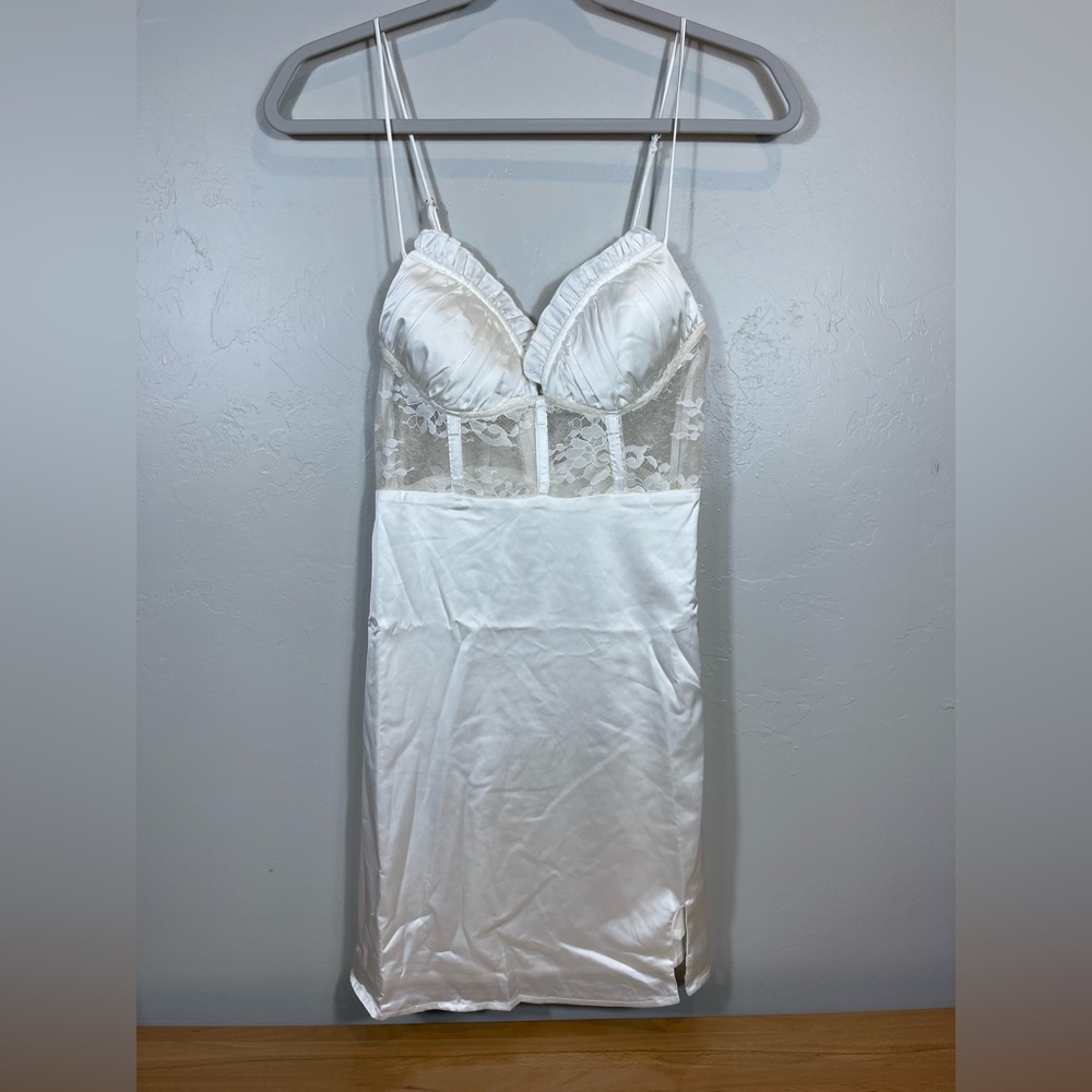 Angel Biba Ivory Satin Lace Bustier Slip Dress Small Spaghetti Strap Bodycon NWT